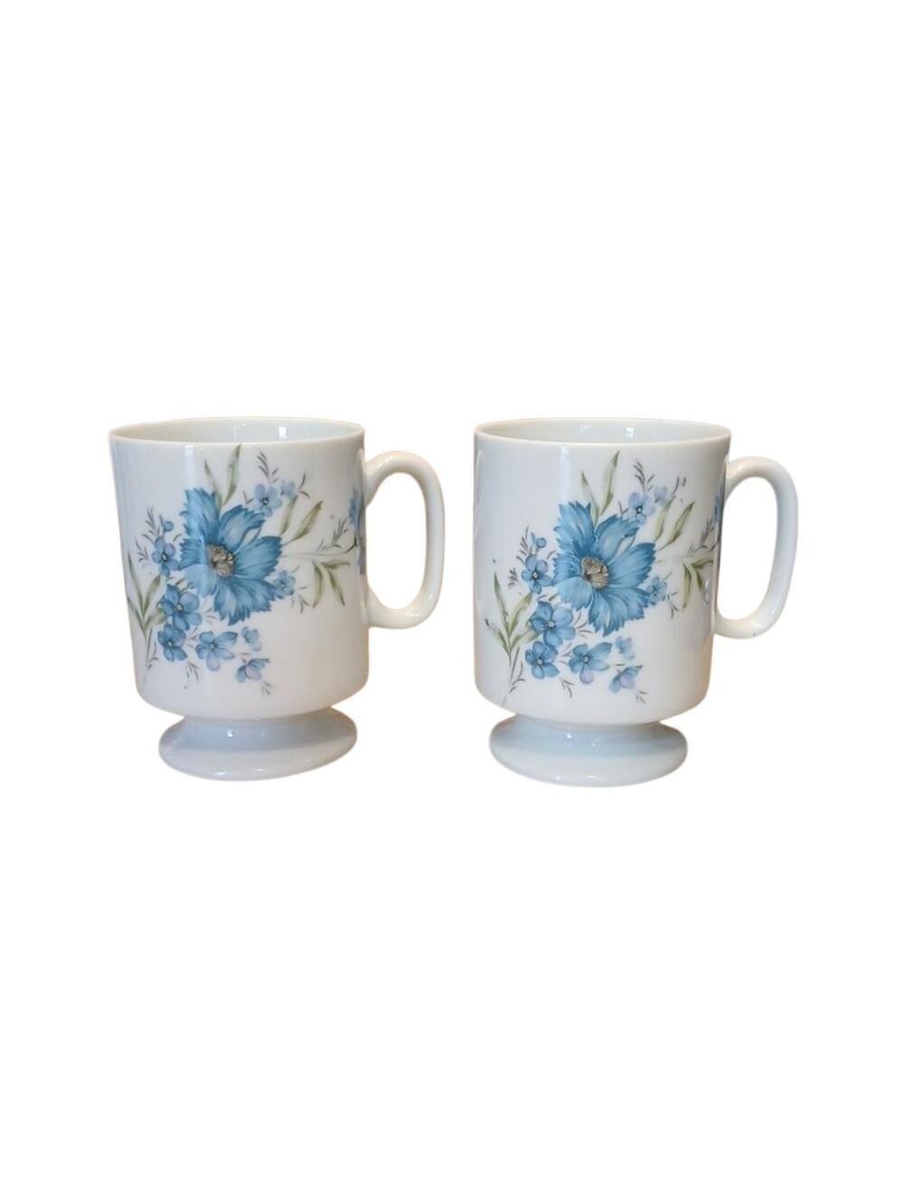 Vintage Japan Pedestal Mugs with Blue Floral Design - Set of 2